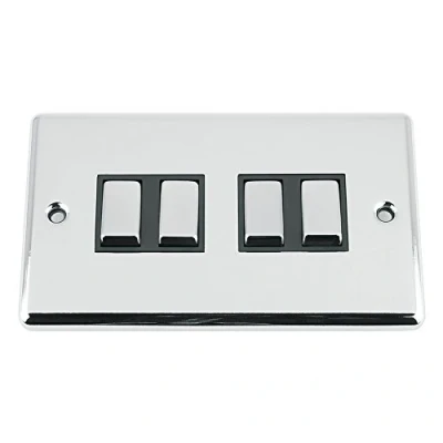 Image of Light Switch 4 Gang Polished Chrome Classic Black Insert Metal Rocker Switches 10A 2 Way