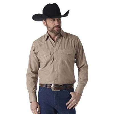 Image of Wrangler Men&#039;s Sport Western Two Pocket Long Sleeve Snap Shirt Shirt, Dark Tan, S