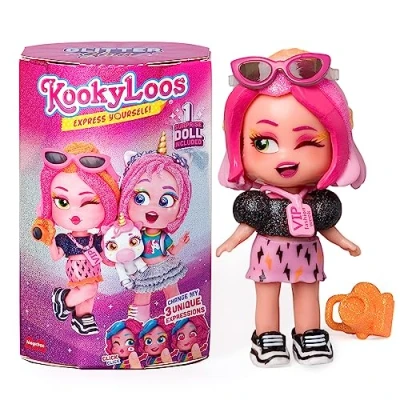 Image of KOOKYLOOS Glitter Glam series surprise collectible doll with 3 different faces. Comes fashion accessories, clothing, shoes and toys