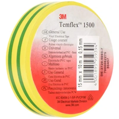 Image of 3 m TGG1510 Temflex 1500 Vinyl Electrical Insulation Tape, 15 mm x 10 Self Adhesive Disk Wallet Yellow/Green