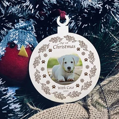 Image of Our 1st Christmas With Any Name Dog Bauble Personalised Wood Tree Decoration