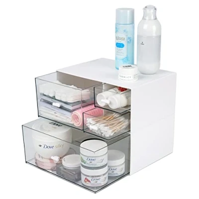 Image of OSteed Desktop Stackable Storage 4 Drawers, White Stationery Makeup Desk Organiser Box, Small Plastic Unit with 2 Deep Layers