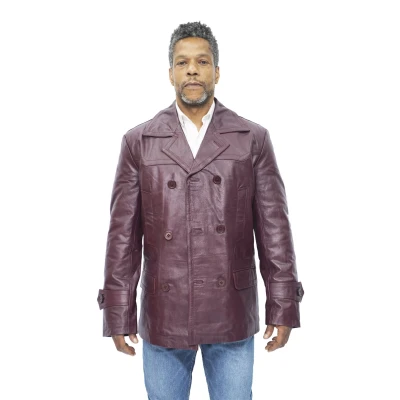 Image of Mens Burgundy Cow Hide Leather Jacket Dr Who Naval German Pea Coat XL