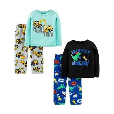 Image of Simple Joys by Carter&#039;s Boys&#039; 4 Piece Pajama Set (Cotton Top &amp; Fleece Bottom), Aqua Blue Trucks/Black/Cobalt Blue/Grey Construction, 3 Years