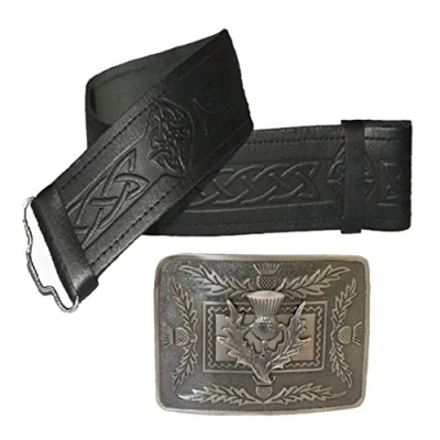Image of Maze Leather Kilt Belt Embossed and Antique Thistle Buckle