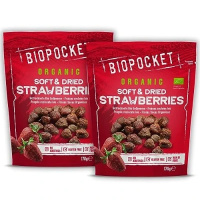 Image of Biopocket Organic Soft &amp; Dried Strawberries, 2 Packs of 170 grams Non GMO, Vegan, Gluten Free, No Added Sugar, Healthy Snack