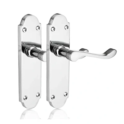 Image of XFORT Chrome Elegance Range Polished Richmond Lever Latch Handles, Long Backplate Door Contemporary Design for Internal Wooden Doors (1 Pair)