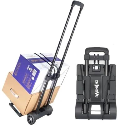 Image of 70lbs Folding Hand Truck Steel Telescopic Rod Foldable Roller Shopping Trolley Collapsible 2 Wheel Expandable Large Chassis into Backpack Lightweight for Luggage, Personal, Travel