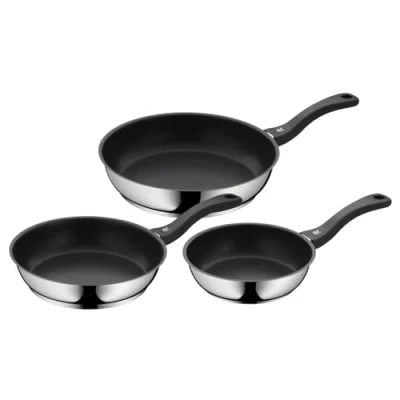 Image of WMF 3 piece frying pan, coated pan with handle, diameter 20/24/28 cm, Devil Cromargan stainless steel ceramic suitable for induction cookers and hand wash.