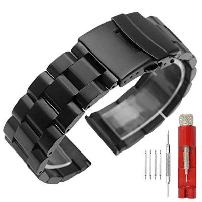 Image of 20mm Watch Band Stainless Steel Classic Strap Solid Men Metal Black Bracelet Deployment Clasp
