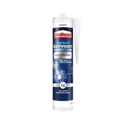 Image of UniBond Anti Mould White, Waterproof Protection Kitchen &amp; Bathroom Sealant, Long lasting White Silicone Powerful Shower 1 x 274g Cartridge