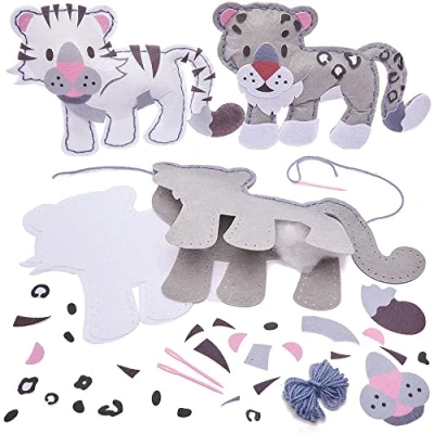 Image of Baker Ross FX357 Snow Leopard and Tiger Cushion Sewing Kits Pack of 2, Introduction to Textiles for Kids, Arts Crafts Kids