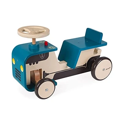 Image of Janod Wooden Tractor Toy Directional Steering Wheel Integrated Horn and Trailer Hitch Silent Wheels from 18 Months Old, J08053