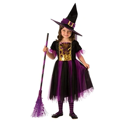 Image of Bristol Novelty 3015417 8000 COLOUR MAGIC WITCH Costume, Girls, Black, Purple, Gold, Age 7 8 Years
