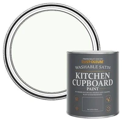 Image of Rust Oleum White Scrubbable Kitchen Cupboard Paint in Satin Finish Still 750ml