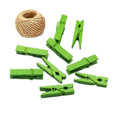 Image of 100 Colored Wooden Mini Pegs Clothespins Craft Photo Clips with 20 meters Jute Twine for Rustic Decoration (Green)