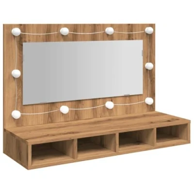 Image of vidaXL Mirror Cabinet with LED Light Artisan Oak Storage Unit Bathroom/Bedroom Vanity Engineered Wood 90x31.5x62 cm