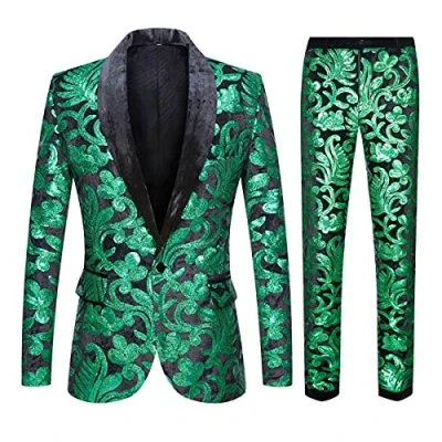 Image of CARFFIV Men Fashionable Floral Pattern Sequins Two Pieces Set Suits (Green, XL)