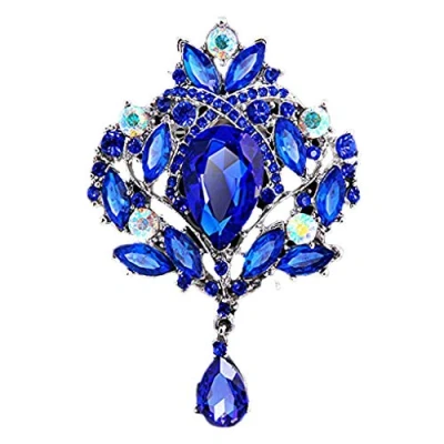 Image of Brussels08 Women&#039;s Luxury Flower Bouquet Teardrop Brooch Pin Rhinestone Pendant Cocktail Corsage Wedding Jewelry Blue