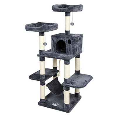 Image of Meerveil Cat Tree, Scratching Post, Tower with Room and Hammock, Hanging Woobies Toy, Two Platforms, Height 145cm, Grey
