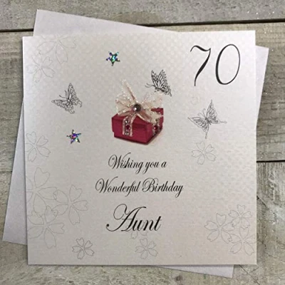 Image of white cotton cards Red Present, Wishing you a Wonderful aunt Handmade 70th Birthday Card, White, bdp70