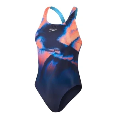 Image of Speedo Women&#039;s Placement Digital Powerback Swimming Costume Navy Red