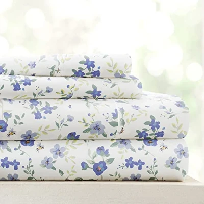 Image of Queen Sheet Set 4 Piece Ultra Comfortable &amp; Breathable Cooling Bed Sheets Deep Pocket Wrinkle Free Fits 16&quot; Mattress Extra Soft Oeko TEX Certified Blossoms Light Blue