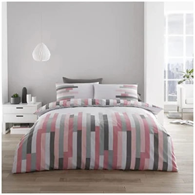 Image of GC GAVENO CAVAILIA Geometric Duvet Cover Double, Reversible Striped Bedding Sets, Warm Polycotton Quilt Covers, Blush Pink, Pink