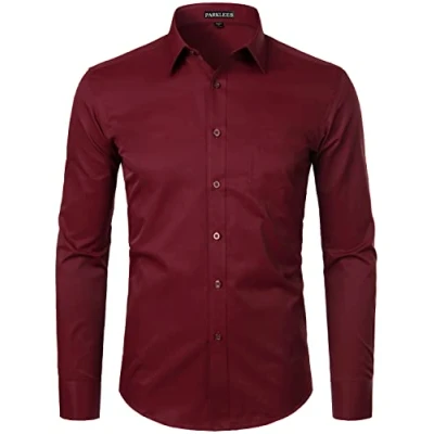 Image of PARKLEES Men&#039;s Long Sleeve Dress Shirt Solid Slim Fit Casual Business Formal Button Up Shirts with Pocket Burgundy M