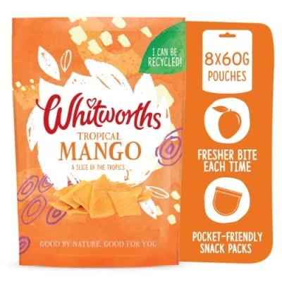 Image of Whitworths Dried Mango 8X60g Slices with No Added Sugar Healthy Snack Vegetarian, Non GMO, Gluten Free 1 of 5 a Day