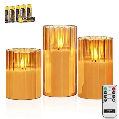 Image of Rhytsing Gold Ribbed Glass Battery Operated LED Candles with Remote, Flameless Candle Gift Set Timer, Warm White Light Include 6 Batteries of 3