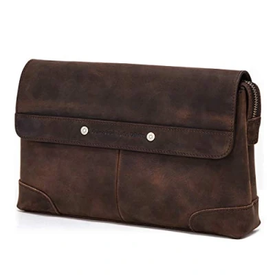 Image of Contacts Mens Genuine Leather ID Card Phone Holder Zipper Coin Key Clutch Purse Handbag (Dark Brown)