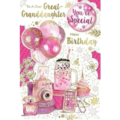 Image of Great Granddaughter Birthday Card &amp; Badge Pink Balloons and Milkshake with Gold Foil 9x6&quot;