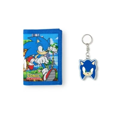 Image of Sonic THE HEDGEHOG Boys Wallet Blue Trifold with and Tails Graphic Print for Kids Childrens Cash &amp; Card Holder Head Keychain Classic Video Game Merchandise Gift