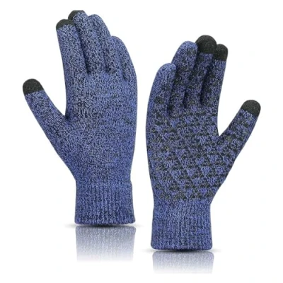 Image of BSLVWG Winter Warm Gloves,Winter Touchscreen Knitted Gloves, Unisex Anti Slip Thermal Wool Lined Windproof Driving Running Cycling Gloves for Men Women (Blue, Men)