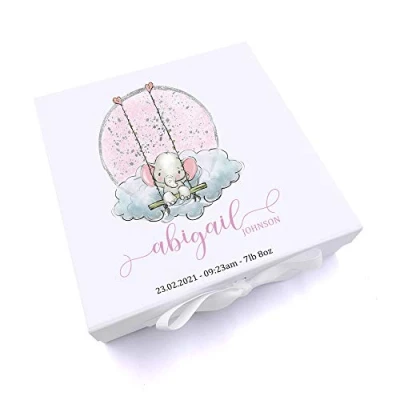 Image of ukgiftstoreonline Personalised Baby Girl Gift Keepsake Memory Box Elephant On Swing (Medium)