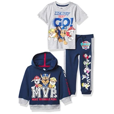 Image of Nickelodeon Boys&#039; Paw Patrol Graphic Hoodie, T Shirt, &amp; Jogger Sweatpant, 3 Piece Athleisure Outfit Bundle Set Toddler Nick Jr. Baby, Navy/Heather Grey, 5 Years
