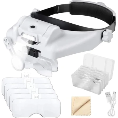 Image of EEEKit Headband Magnifier with 3 LED Light, Head Mount Magnifying Eye Glasses for Hobbies, 1X to 14X Headset Spectacles
