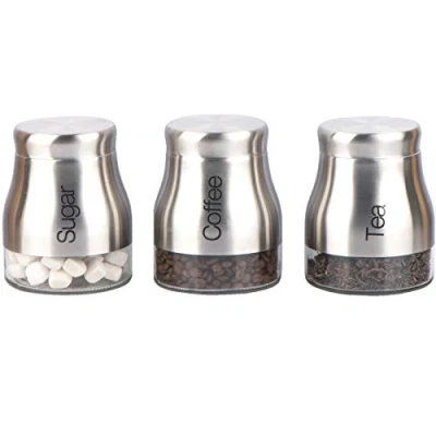 Image of Eurotrade W Ltd SET OF 3 KITCHEN STORAGE CANISTERS TEA COFFEE SUGAR JARS POTS CONTAINERS CADDY (SILVER)