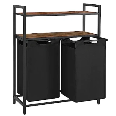 Image of VASAGLE Laundry Basket, Hamper, Sorter with 2 Pull Out and Removable Bags, Shelves, 46L Capacity per Bag, for Room, Rustic Brown Black BLH211B01