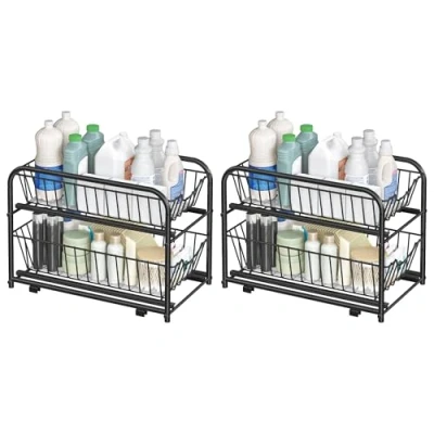 Image of SONGMICS Set of 2 Cupboard Organiser, Tier Under Sink Storage Organiser with Sliding Basket Drawers, Stackable Cabinet for Kitchen, Bathroom, Classic Black KCS017B02