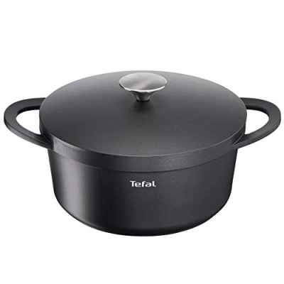 Image of TEFAL TRATTORIA E21846 Stewpot 24 cm Cast Aluminum Lid Non Stick Coating Good Heat Retention Stews Silicone Grip Protection Stewing Pot Induction Suitable, Black