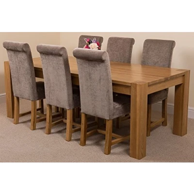 Image of Oak FURNITURE KING Kuba 220 x 100 cm Large Chunky Dining Table and 6 Chairs Set with Washington Grey Fabric