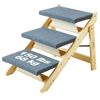 Image of VEVOR Wood Pet Stairs, 2 in 1 Foldable Wooden Dog Stair &amp; Ramp for Beds, Sofa and Cars, 3 Steps Small Medium Large Pets, up to 150 lbs