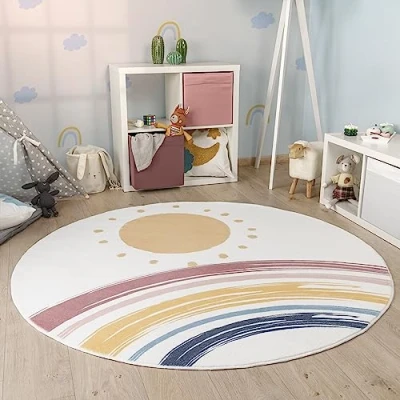Image of Paco Home Nursery Area Rug Kids Round For Bedroom Girls Boys Rainbow Machine Washable Modern, Size:Ø 100 cm round, Colour:White