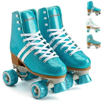 Image of Osprey Retro Quad Roller Skates for Adults Women&#039;s Lace Up High Top Boots Multiple Designs, Glitter Blue, UK ADULT 6/EU 40