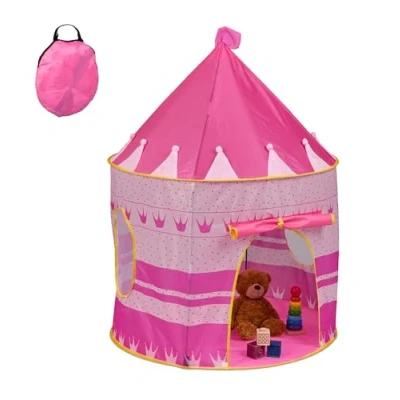 Image of Relaxdays Play Tent, for Children, Princess Castle, Indoor, HWD: 135 x 100 cm, with Hook &amp; Loop Fastener, Pink, Polyester