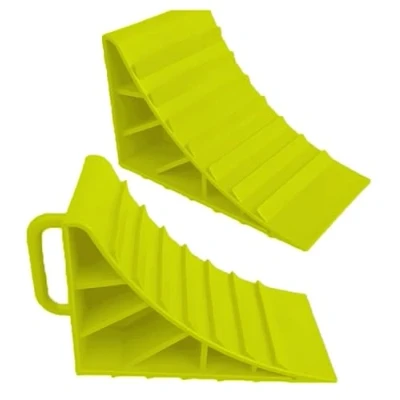 Image of Wheel Chocks With Handles Set of 2 Tyre Saver Brake Stoppers Ridged Wedges for Cars Caravan Horsebox Motorhome (2 Yellow Chocks)
