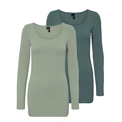 Image of VERO MODA Female Long Sleeve Blouse 2 Pack, Green (1 x Desert Sage / 1 Balm Green), Large