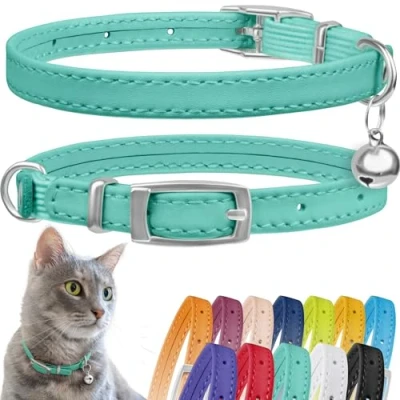 Image of CollarDirect Leather Cat Collar, Safety Collar with Elastic Strap, Kitten for Bell Black Blue Red Orange Lime Green (Neck Fit 9&quot; 11&quot;, Mint Green)